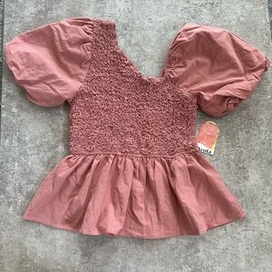 Pretty Pink, Puffed Sleeved, Peplum Top From Arula